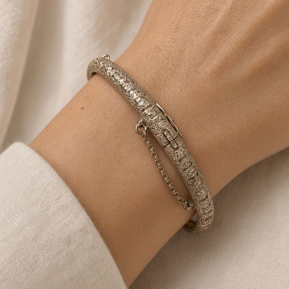 GoldTone Sterling Silver Hinged Bangle Bracelet Textured Sparkle Safety Chain